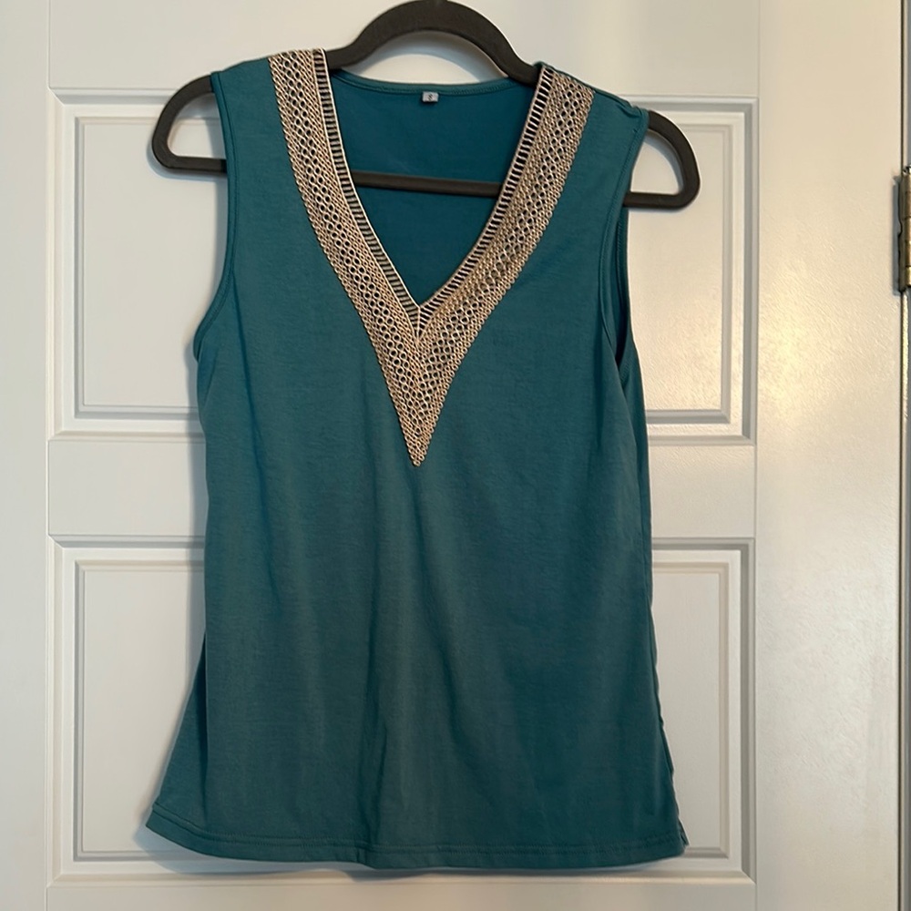 Blue Embellished Sleeveless Tank Top